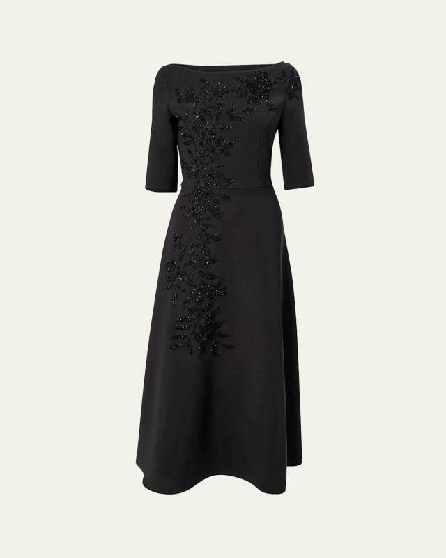 Embroidered Boat-Neck Midi Dress